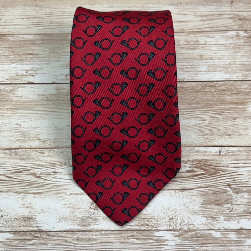 Brooks Brothers Necktie Mens OS Red Silk French Horn Pattern‎ USA Made Preppy